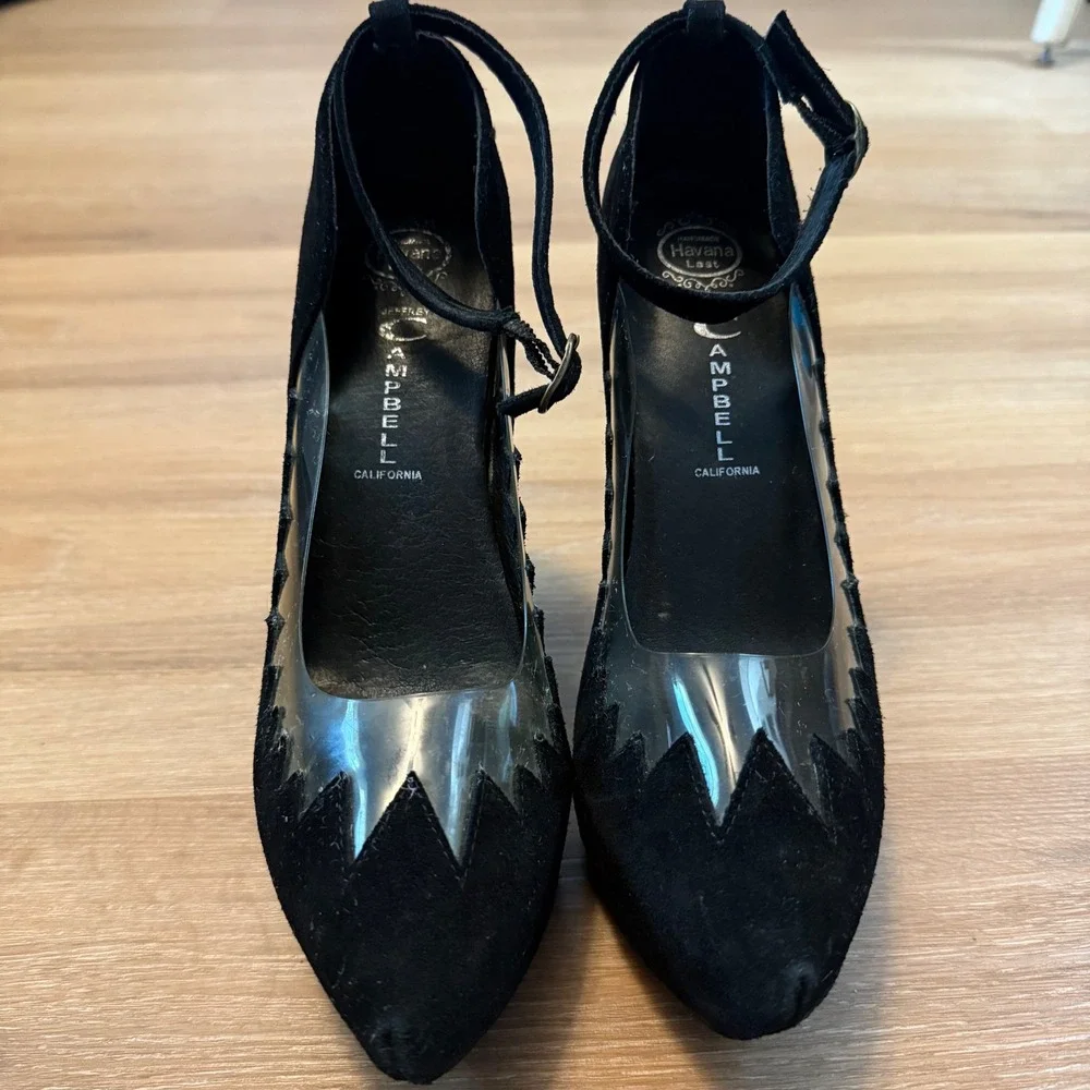 Jeffrey Campbell Wedge Heels 8 Handmade Havana Black Suede Platform ZigZag Clear